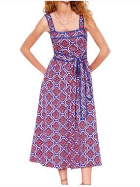 Boden Maxi Dress Geometric Print Square Neck Seam Tie Waist Blue Pink Sz 10